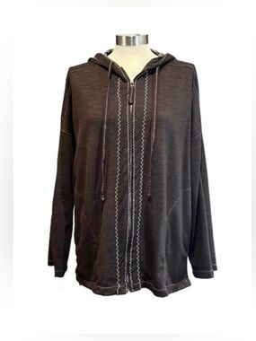 Max Studio Hoodie French Terry full zip Sweater Women's Small Boxy Brown White